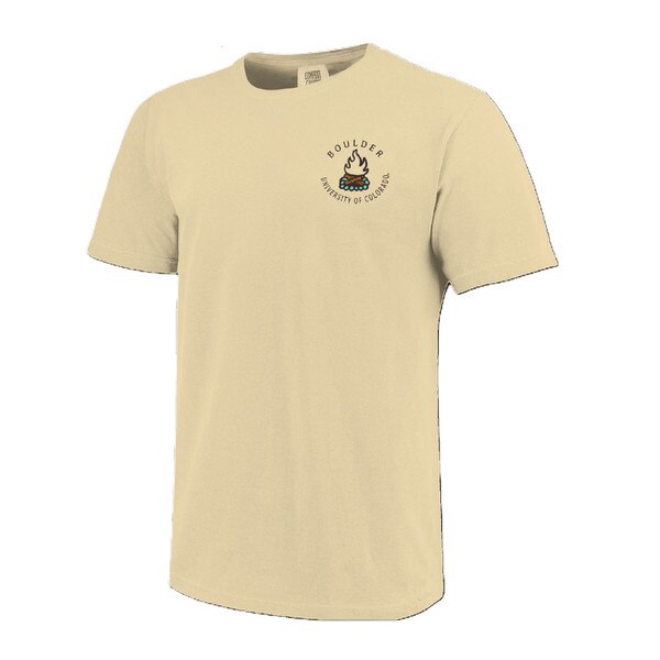 Light yellow short-sleeve T-shirt featuring a 'Boulder University of Colorado' campfire logo on the left chest.
